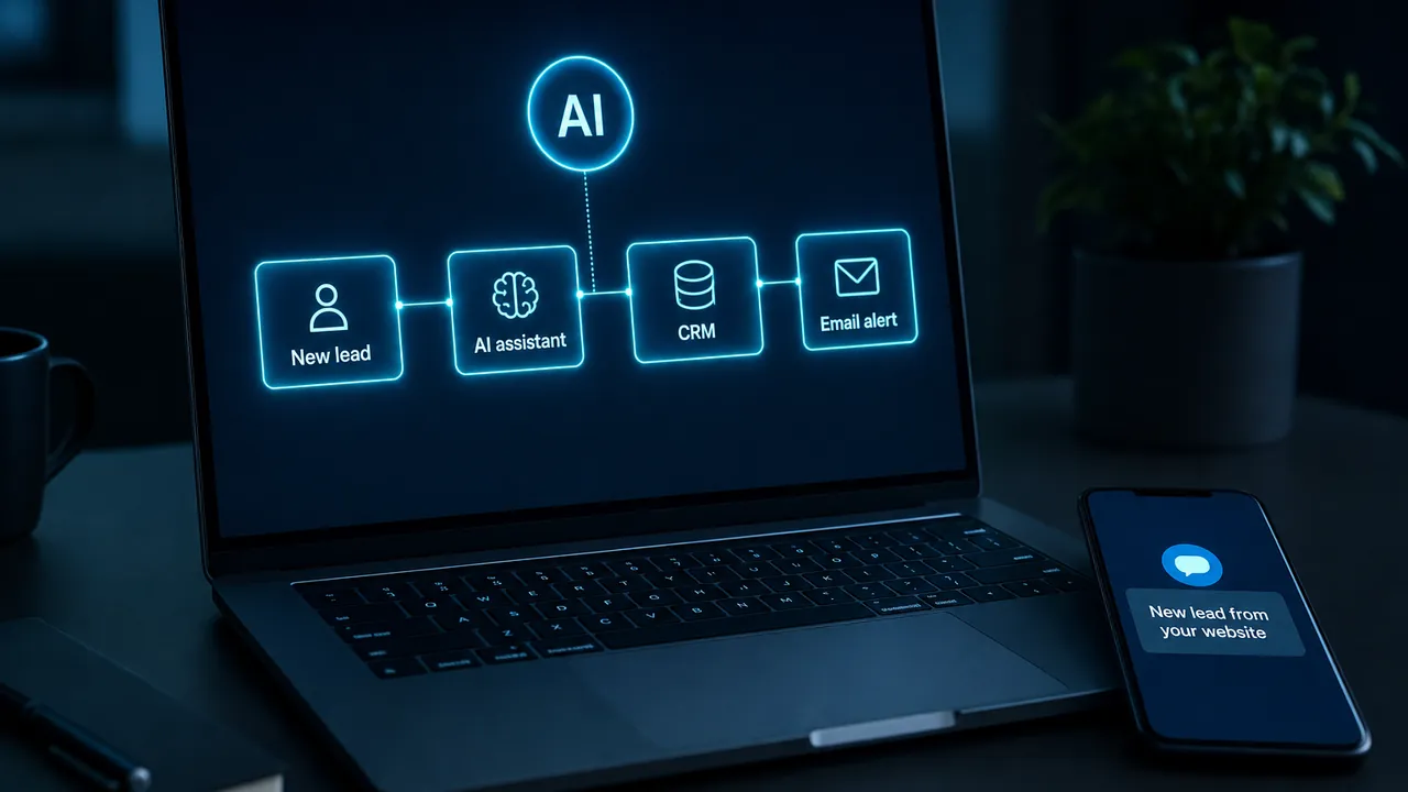 Laptop showing an AI automation workflow connecting a new lead to chat and spreadsheet with a phone notification