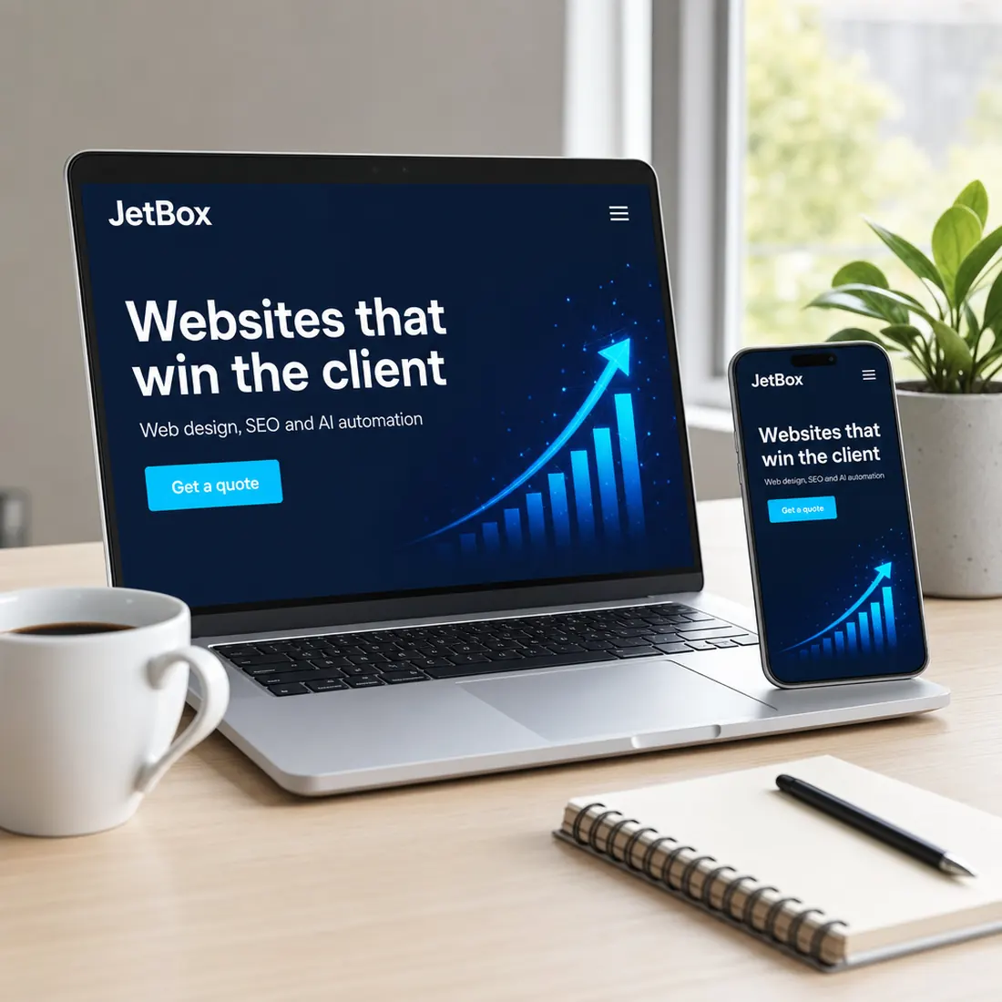 Laptop and smartphone on a bright desk showing a business website built by JetBox AI Digital