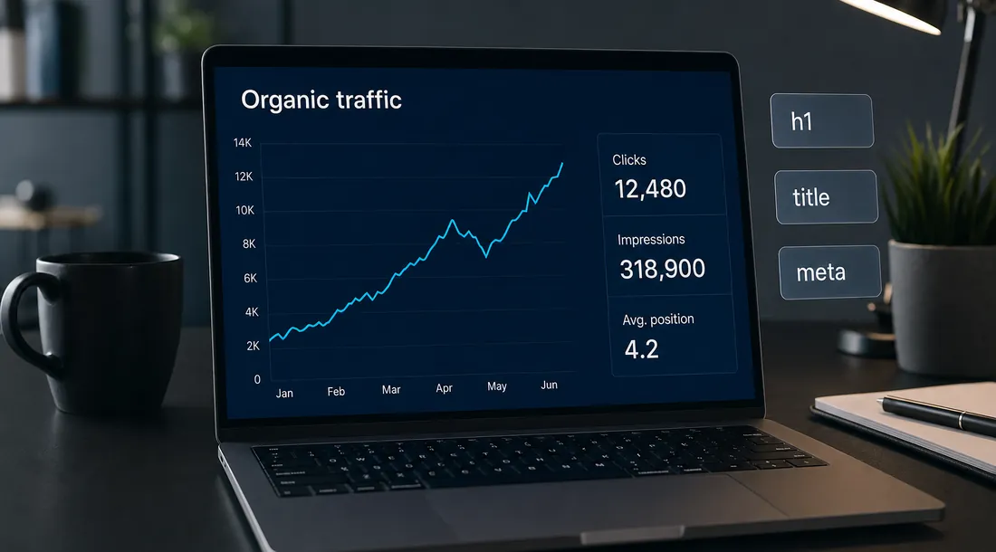 SEO analytics dashboard on a laptop showing a rising organic traffic chart and keyword rankings