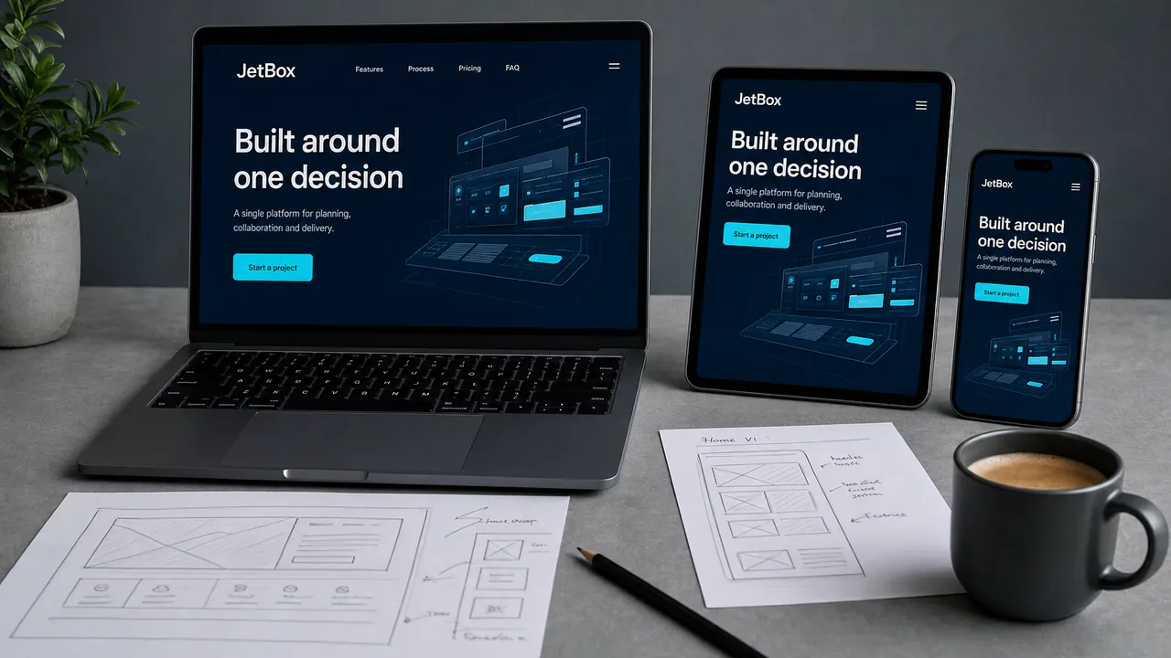 Responsive website design shown on a laptop, tablet and phone with wireframe sketches on the desk